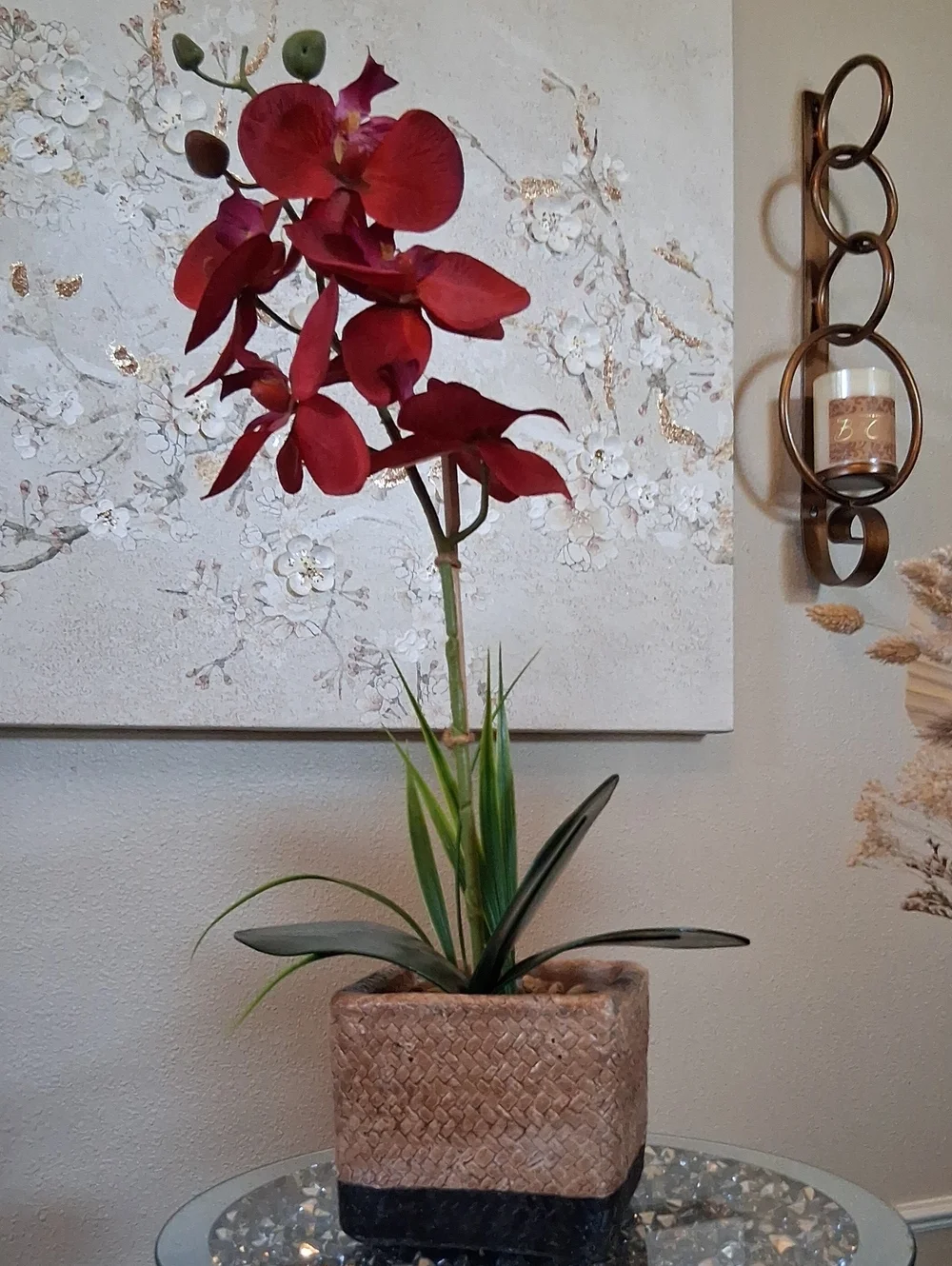 Red Artificial Orchid Plant in Woven Accents Stone Square Pot - Home Decoration